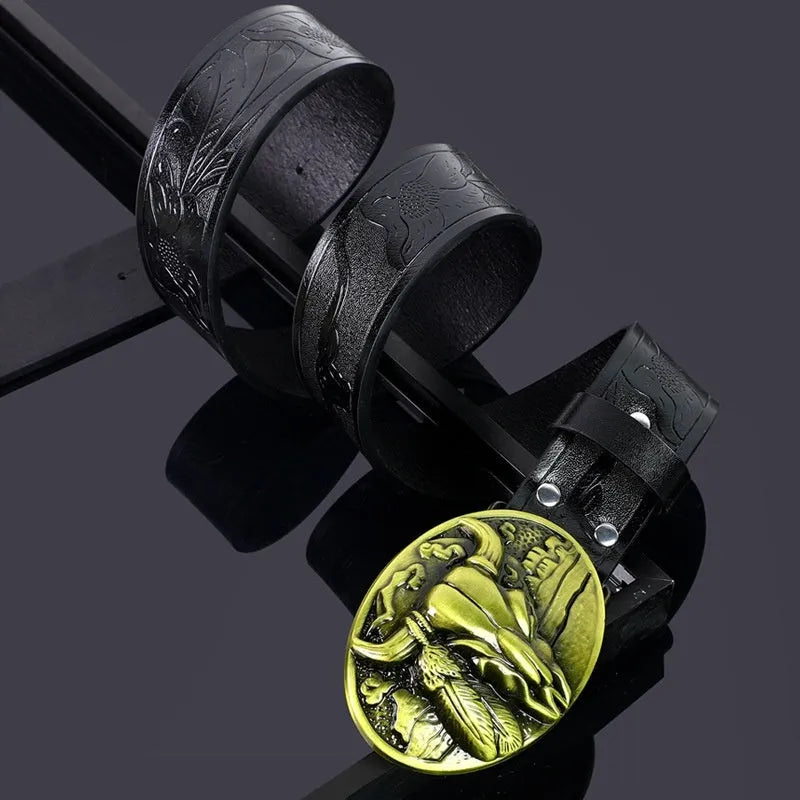 Men's brown leather belt featuring a detailed silver alloy cow head buckle.
