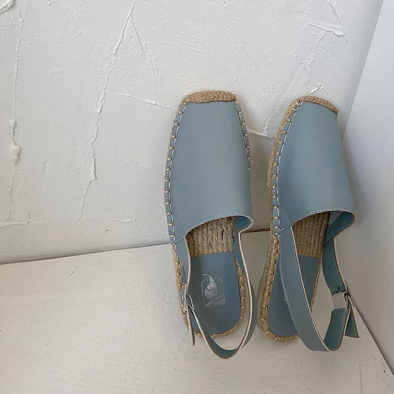 Baotou women's flat sandals with canvas upper and soft leather retro fisherman design in light blue colour