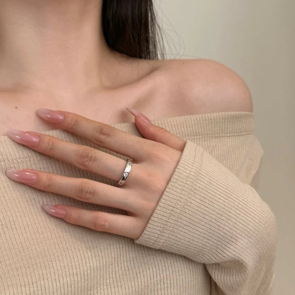 Silver geometric ring with zircon inlay, electroplated white gold colour, women's ring size No 7