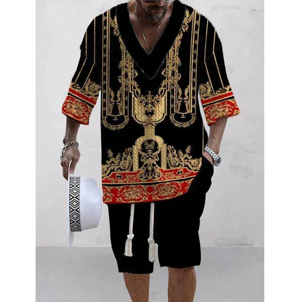 Men's loose casual short sleeve suit with matching shorts in polyester fabric