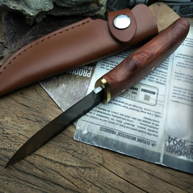 Brown outdoor survival knife with stainless steel 8cm blade and mahogany handle