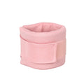 Soft grey cat cone collar neck brace for post-surgery recovery, shown next to a size chart.