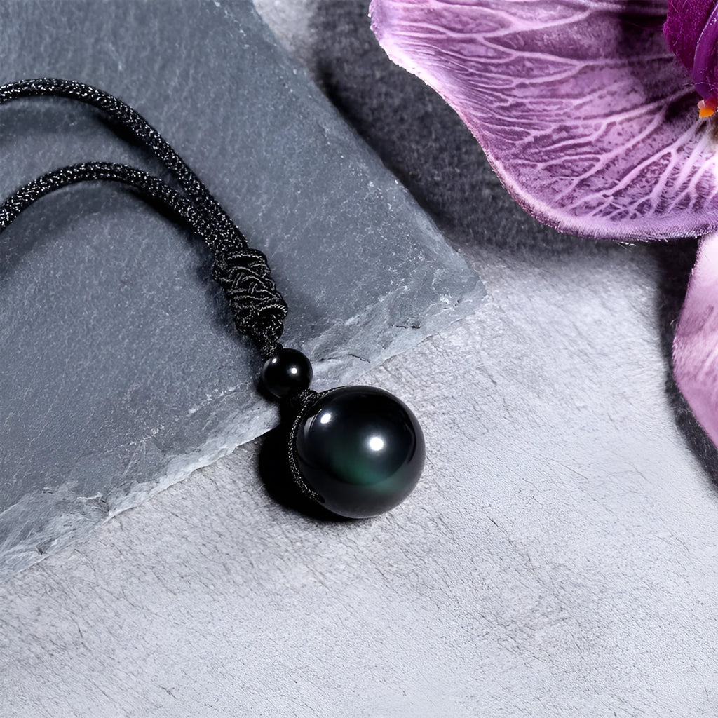 16mm natural obsidian pendant necklace with amethyst on adjustable cord, multicolor finish