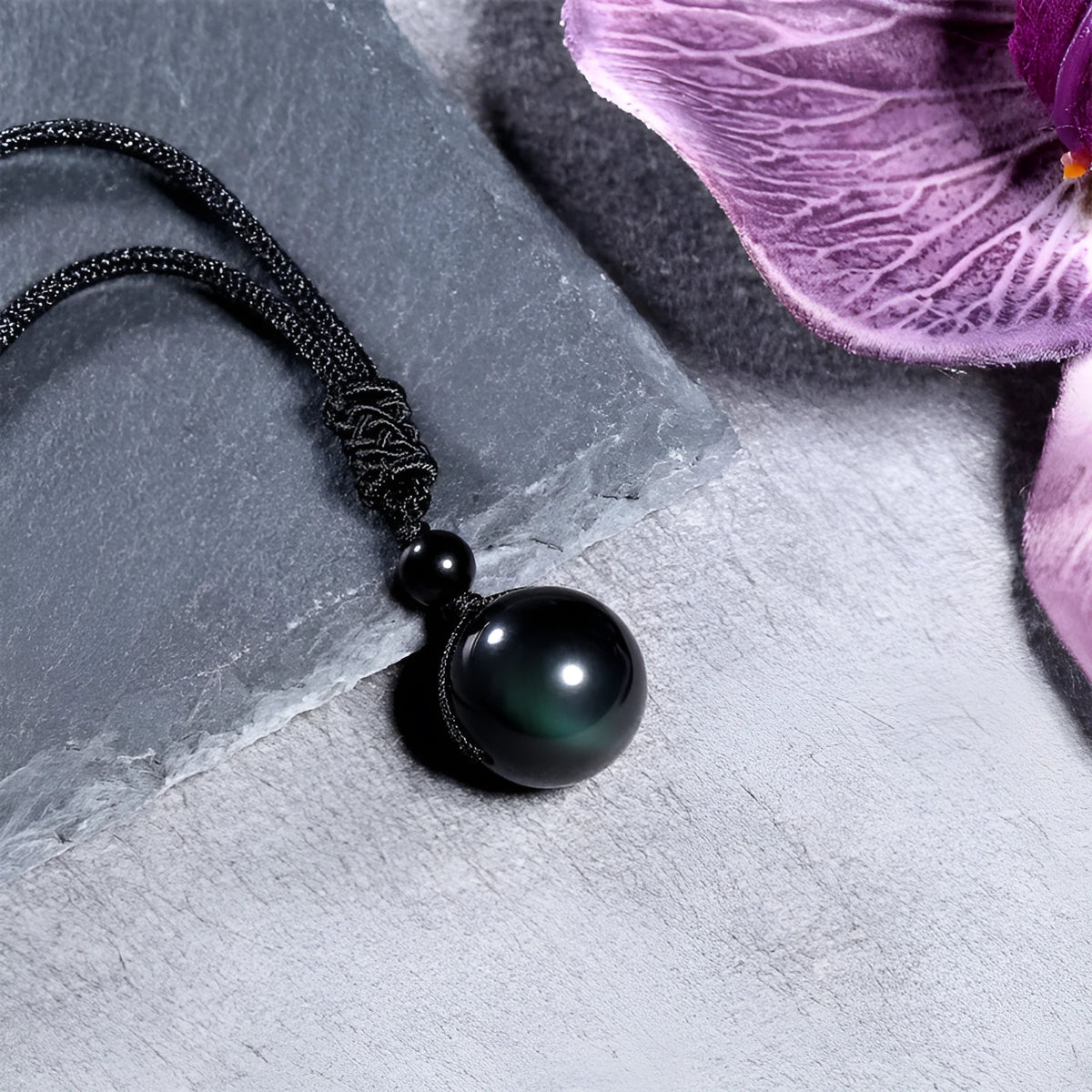 16mm natural obsidian pendant necklace with amethyst on adjustable cord, multicolor finish