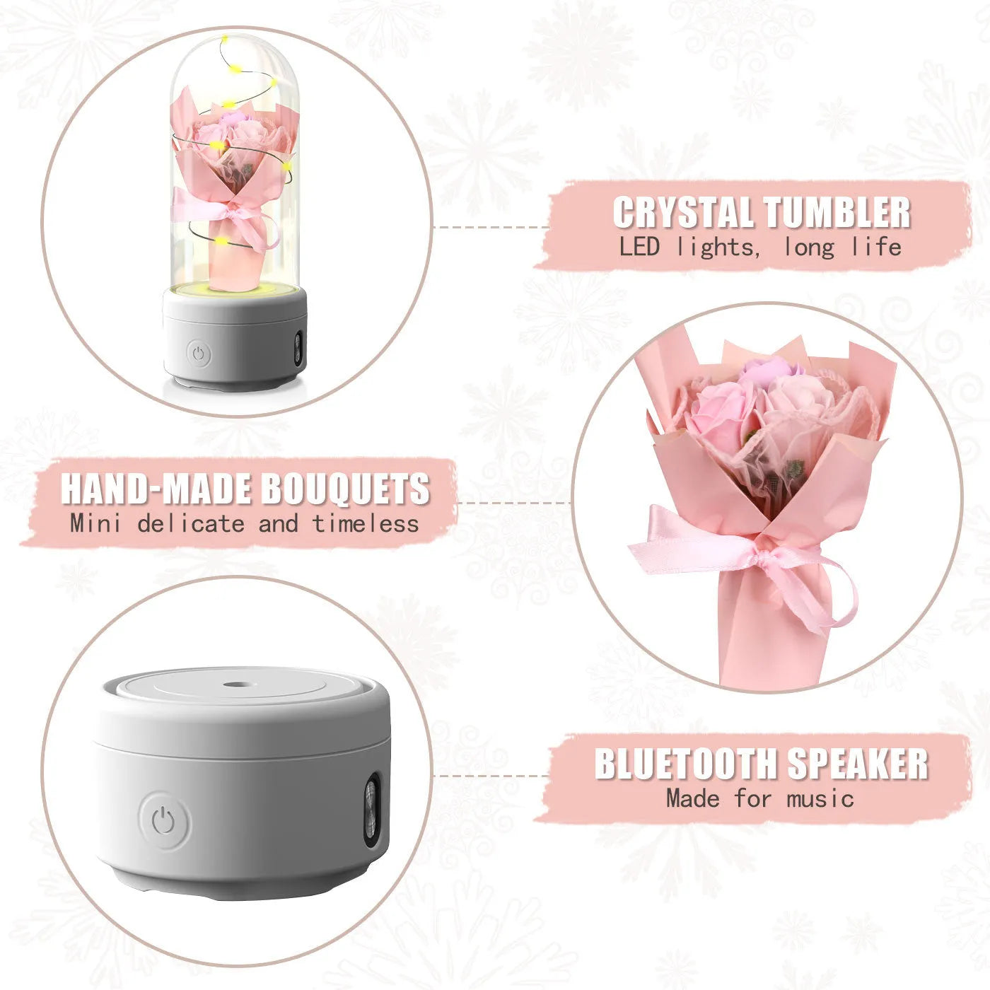LED floral bouquet night light with Bluetooth speaker in glass cover showing multiple colour options