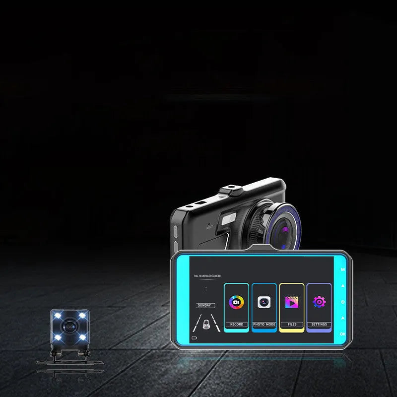 Black dual lens dash cam with 4-inch touch screen showing front and rear camera views