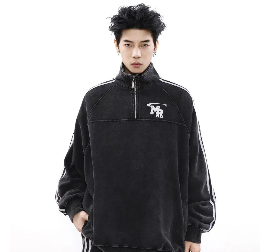 American retro casual sports sweater with stand collar in black polyester fabric
