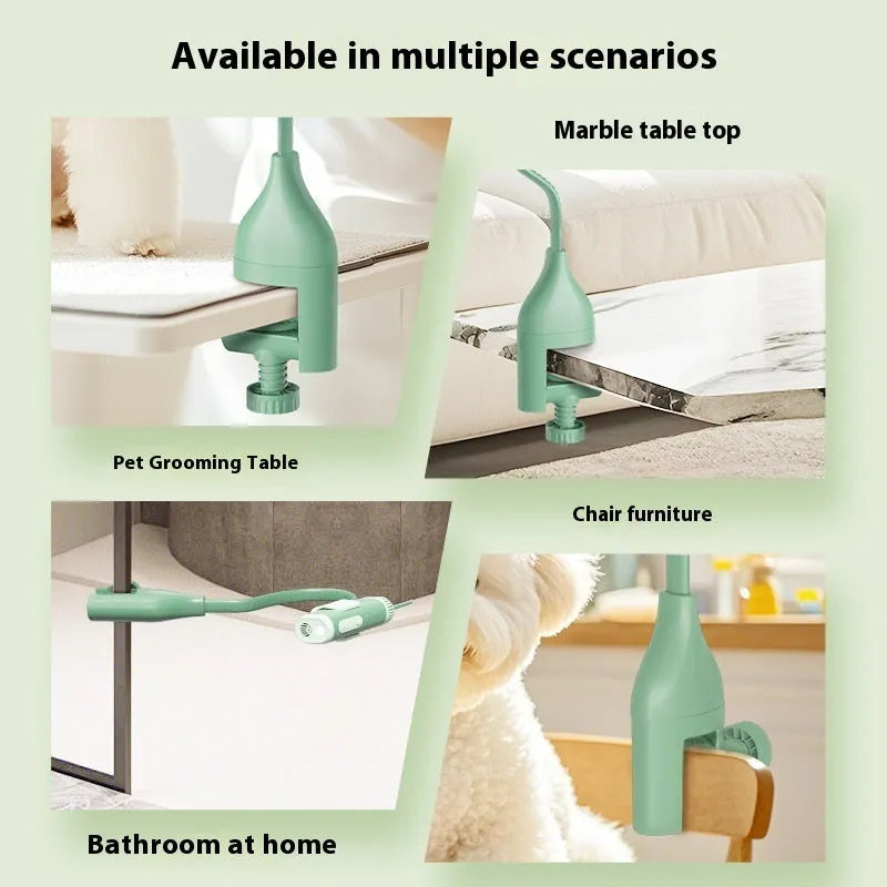 Pet halter hair dryer bracket in white or green, neck-hanging holder for hands-free pet grooming