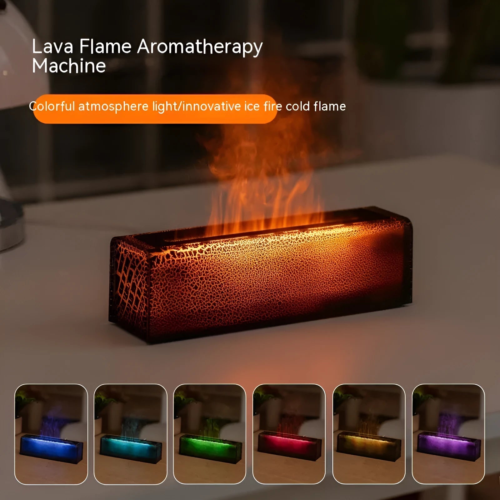 Square desktop humidifier with lava flame lighting effect in black or white colour options