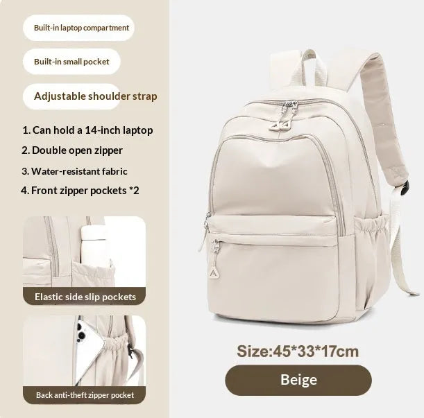 Off-white canvas high school student backpack with dimensions 45cm height, 33cm width, 17cm thickness