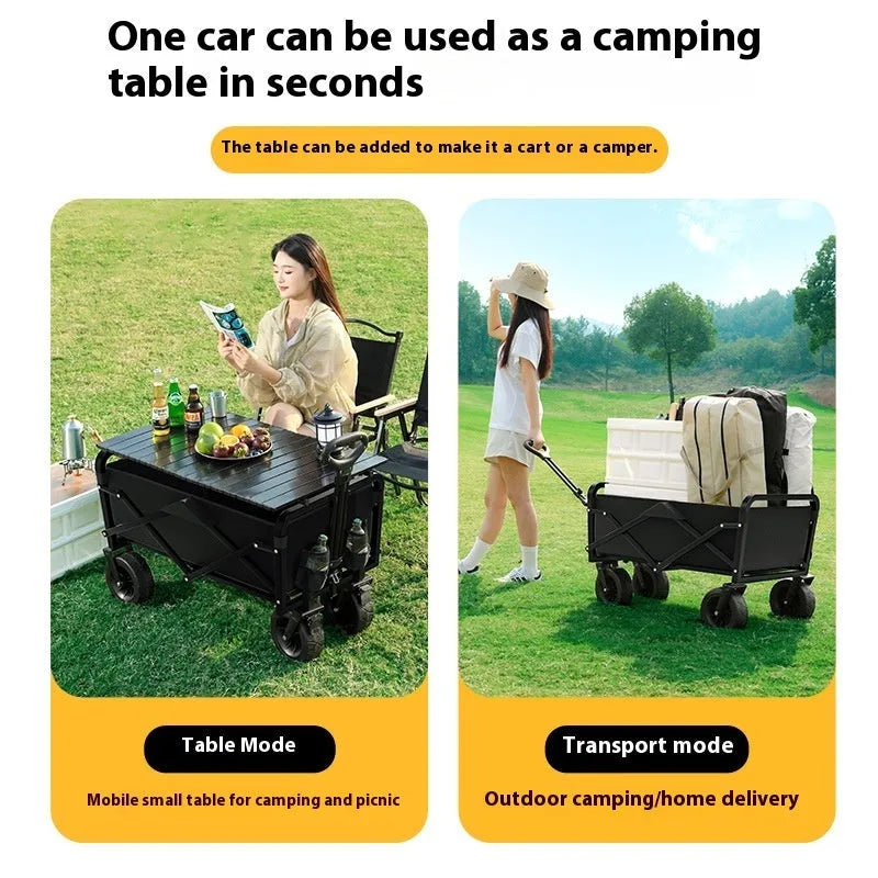 Black outdoor camping trolley with metal frame, 8-inch off-road wheels, and child lying inside, 400kg capacity