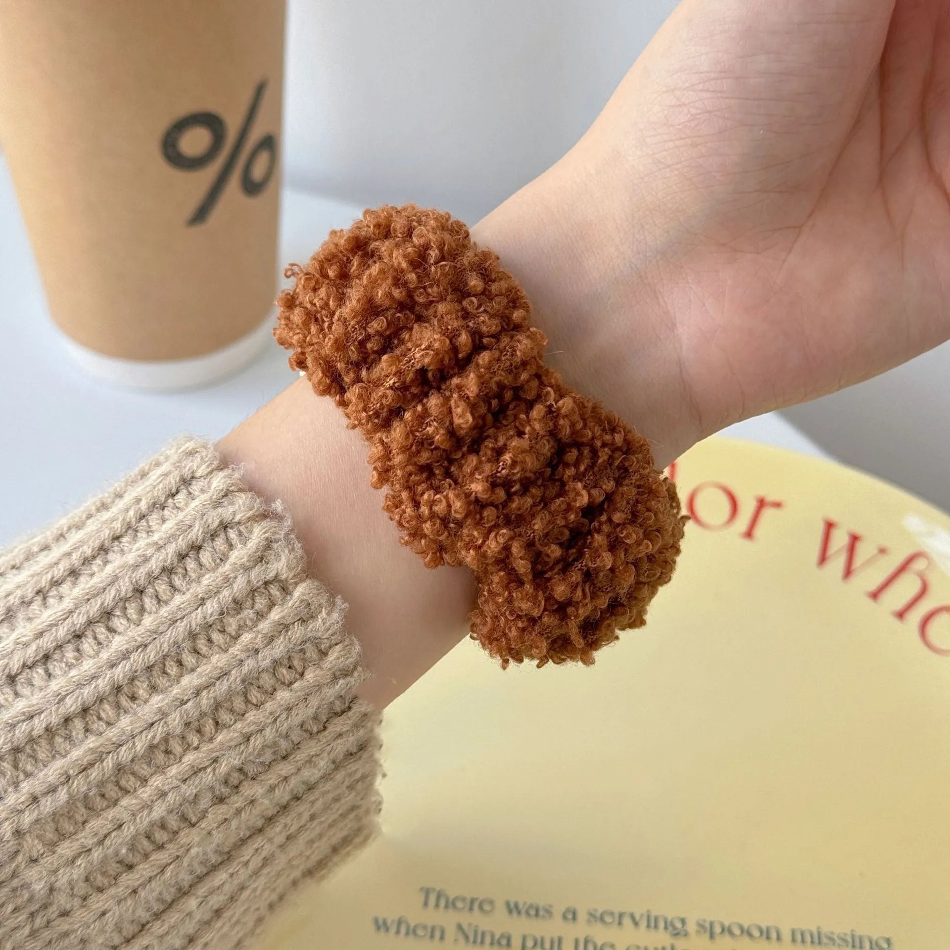 Teddy plush elastic hair ring watch strap for Apple Watch 38mm to 49mm in brown, rose pink, and white