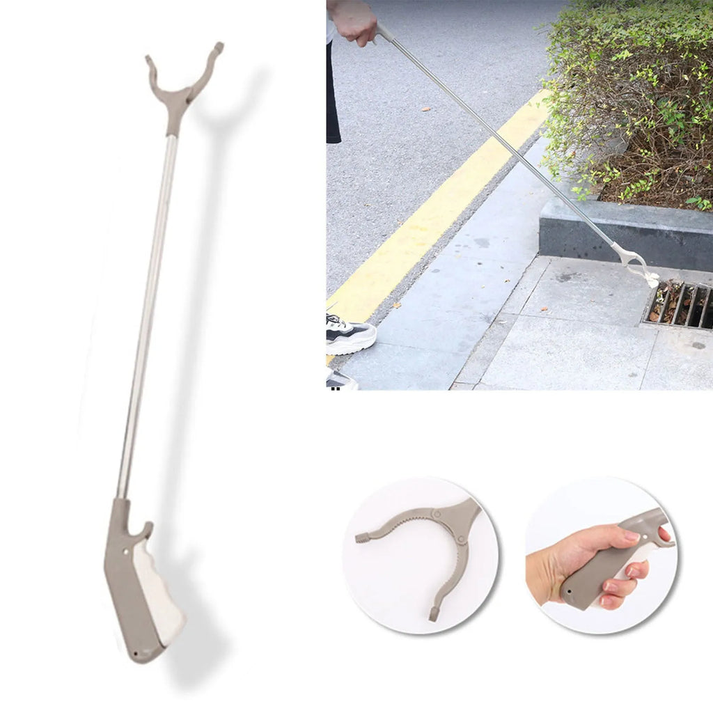 Stainless steel and plastic extended garbage picker tool with push handle and gripper jaws.