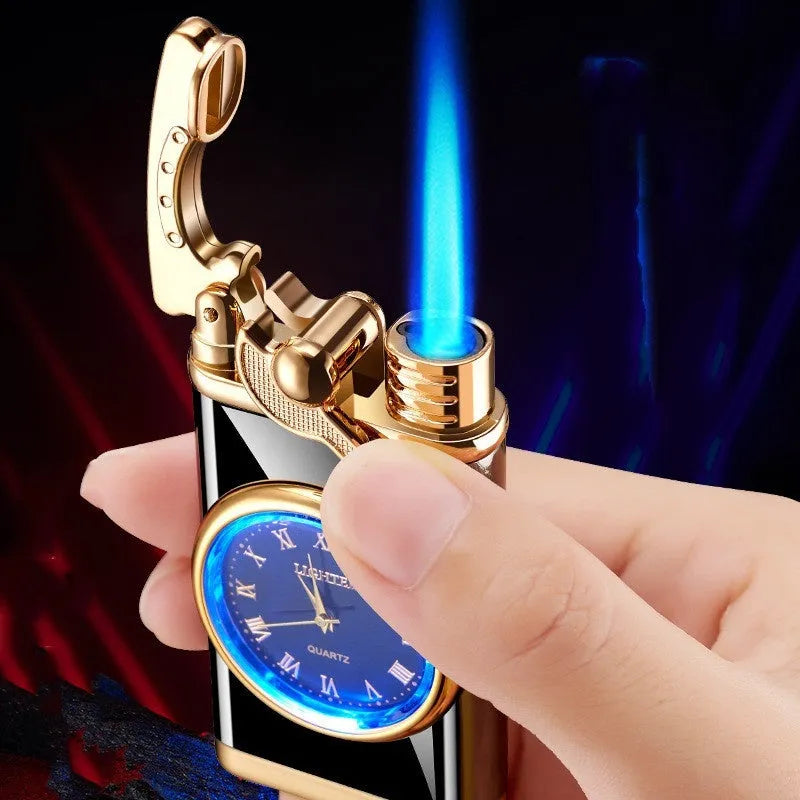 Men's watch-style lighter with digital dial showing time and adjustable blue flame emerging from top.