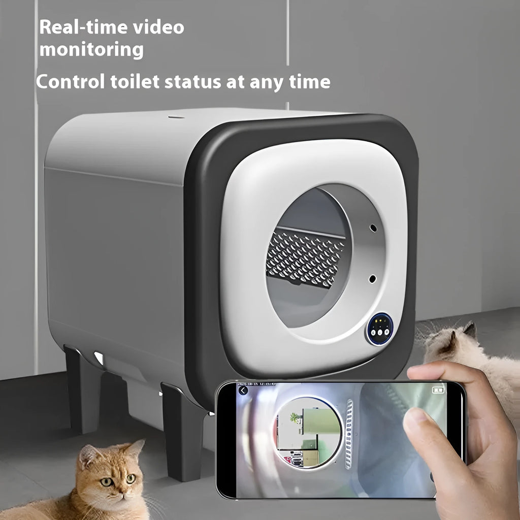 72 litre splash-proof smart cat litter box in black with video or WiFi option and ABS body
