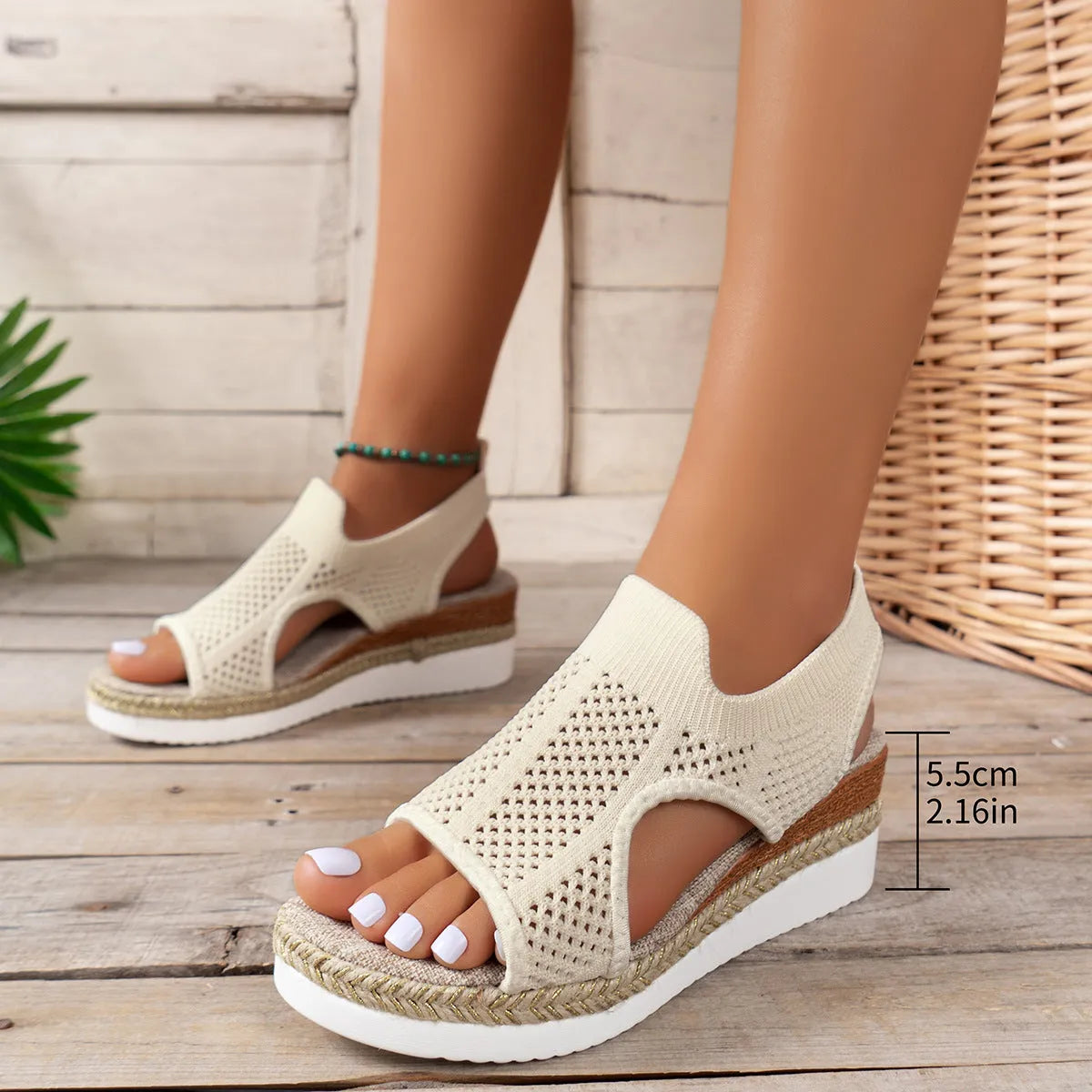 Women's hollow wedges sandals in beige with fly woven mesh upper and peep-toe design