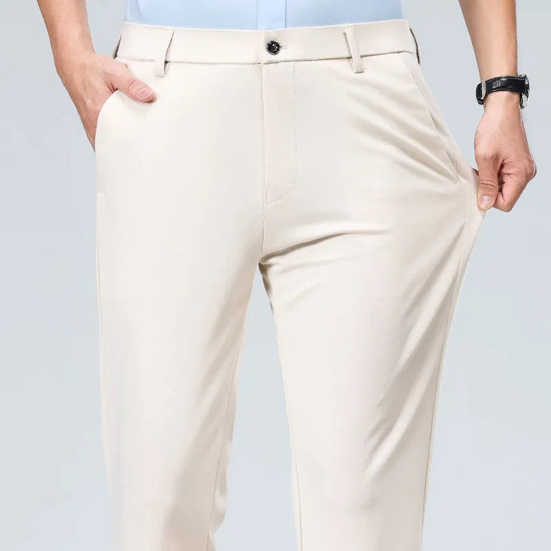 Men's loose fit casual business trousers in black, high elasticity polyester, side view