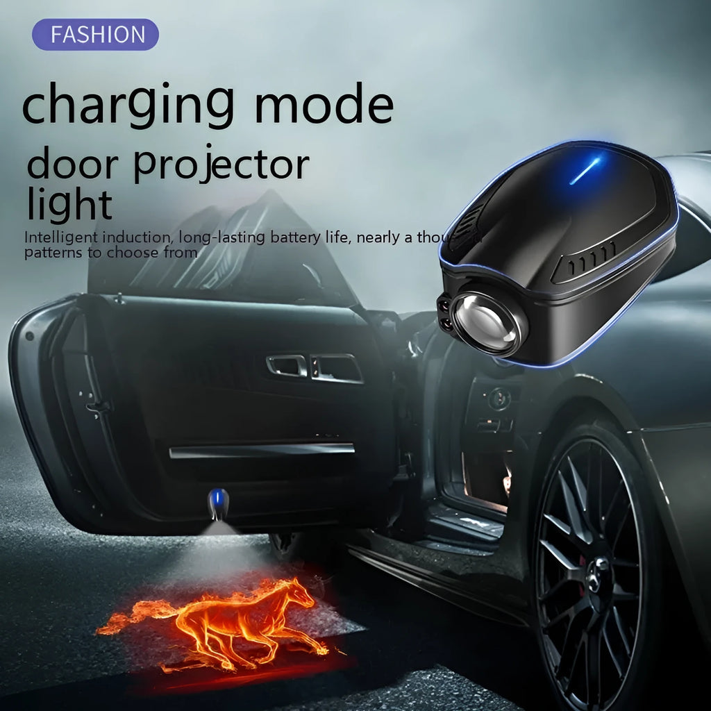 F2 rechargeable wireless car welcome light in black with ABS plastic housing.