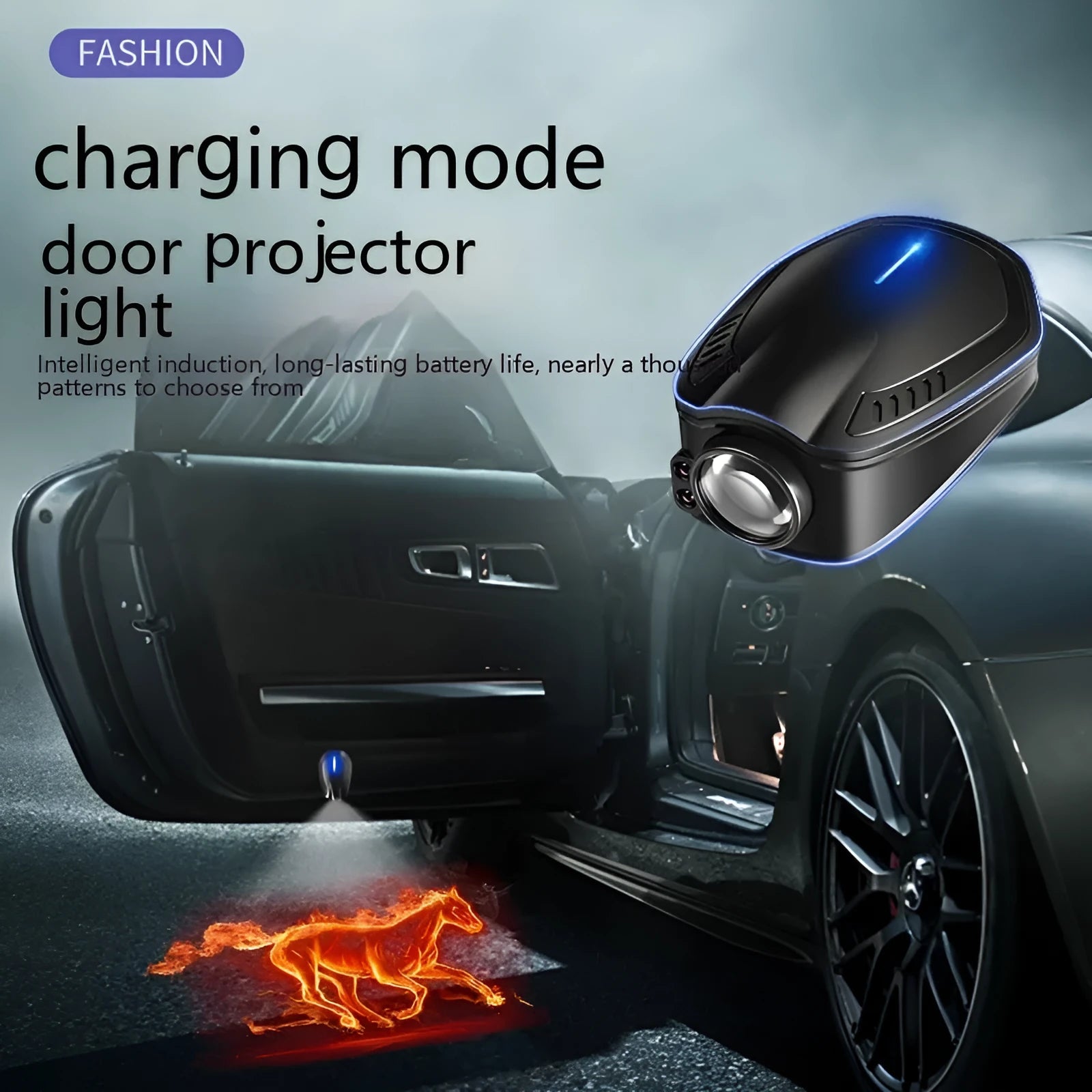 F2 rechargeable wireless car welcome light in black with ABS plastic housing.