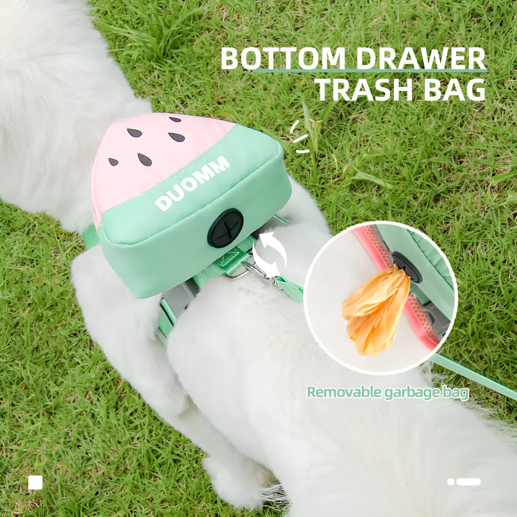 Pet backpack and chest strap set with anti-slip traction rope in green, orange or pink colours