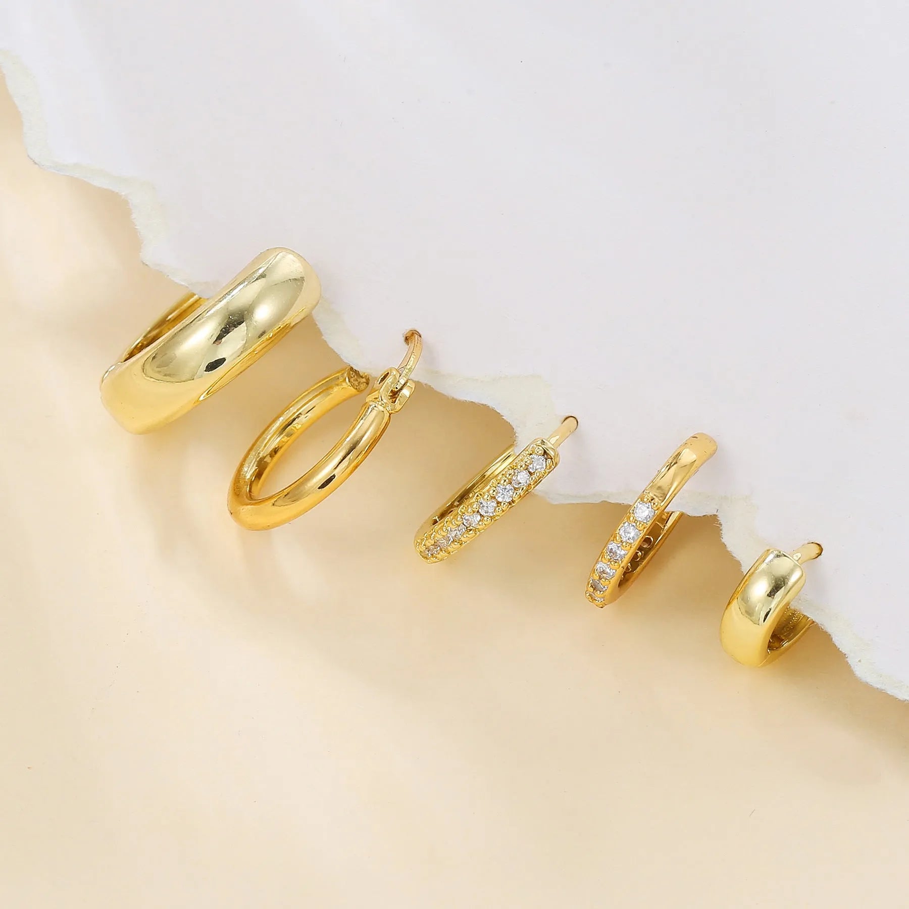 Inlaid zircon round geometric stud earrings set of five copper base gold and white K tones for women