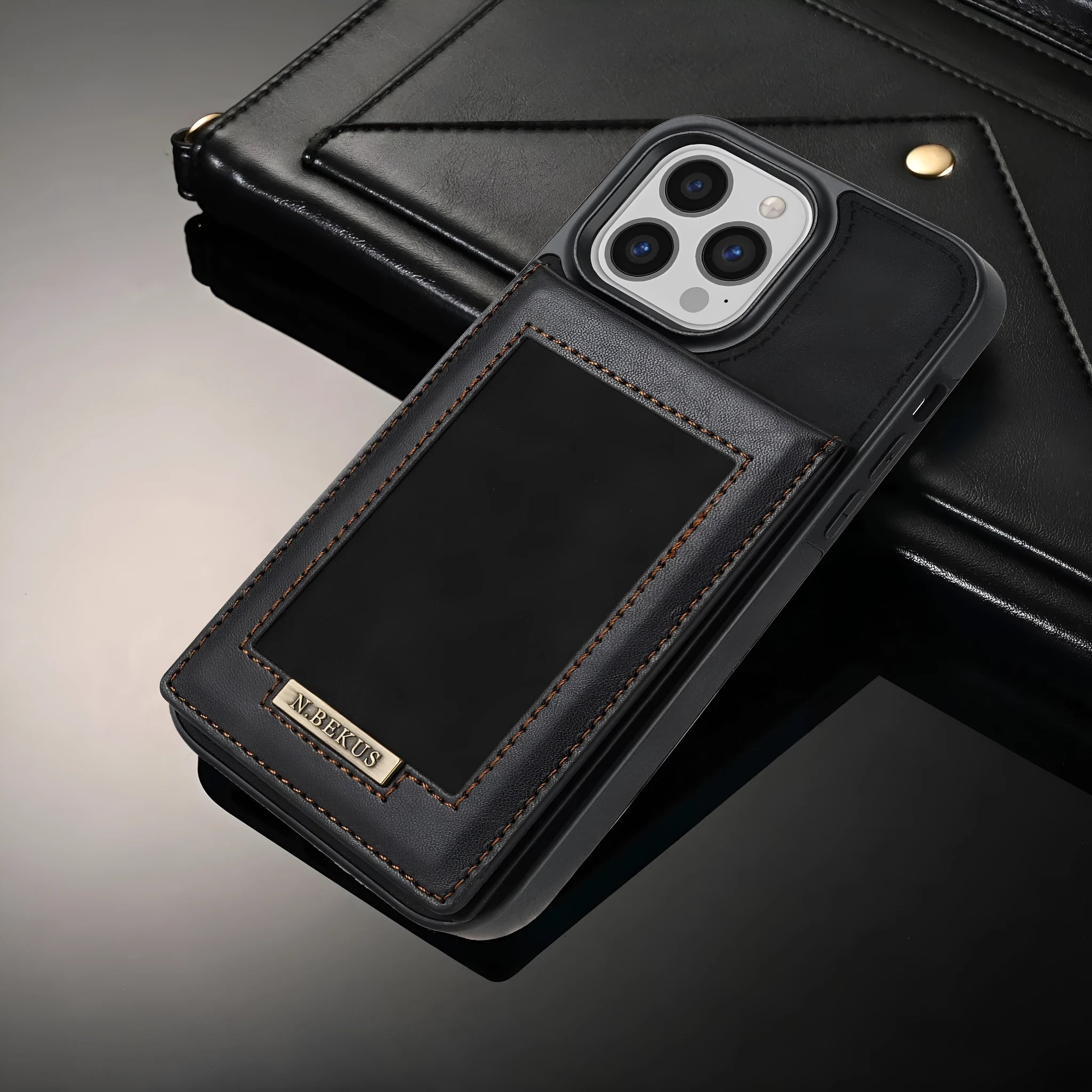 Black card holder phone case with photo frame and magnetic snap for Samsung S23