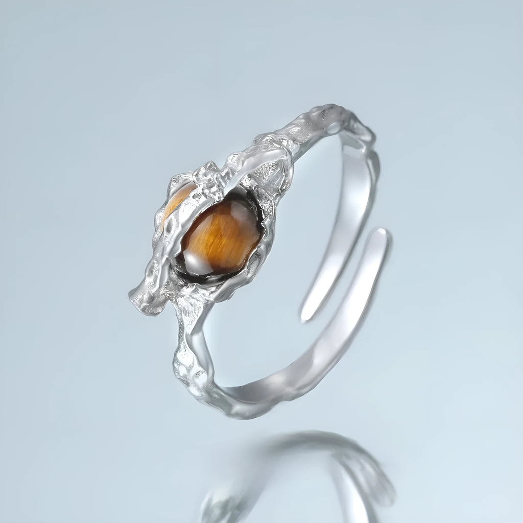 Saturn tigereye open ring for women with adjustable opening and white gold electroplated finish