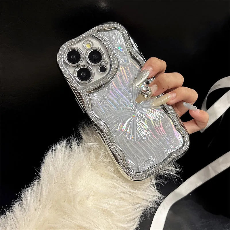 Cream TPU phone case with laser butterfly pattern and diamond edge for Apple iPhone