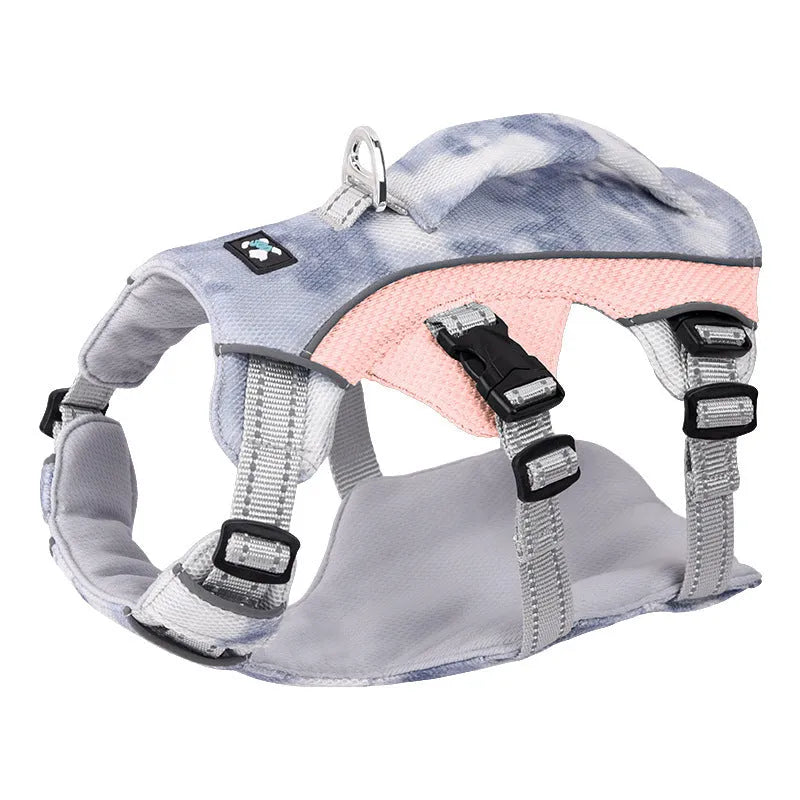 Reflective dog harness chest strap in light blue, shown with adjustable sizing clips.