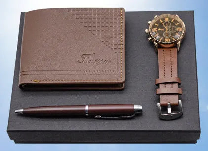 Brown and black wallet pen watch gift sets with modern simple style gift box packaging
