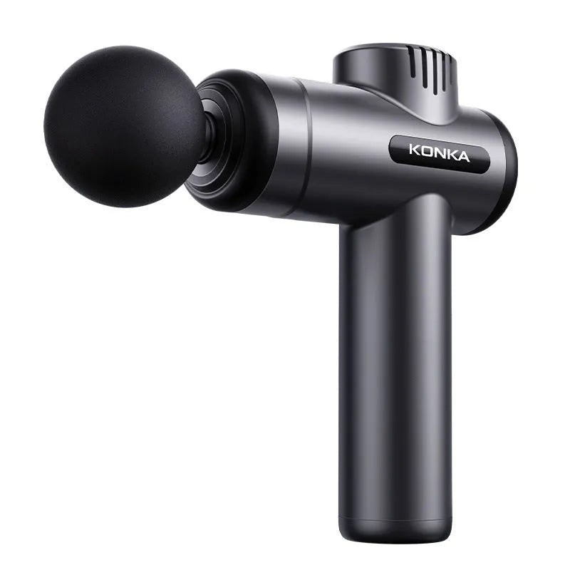 Konka brand mini massage gun with 8 massage heads in grey colour on a table