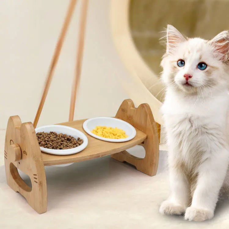Height adjustable pet bowl with ceramic double bowls on bamboo stand, original wood colour