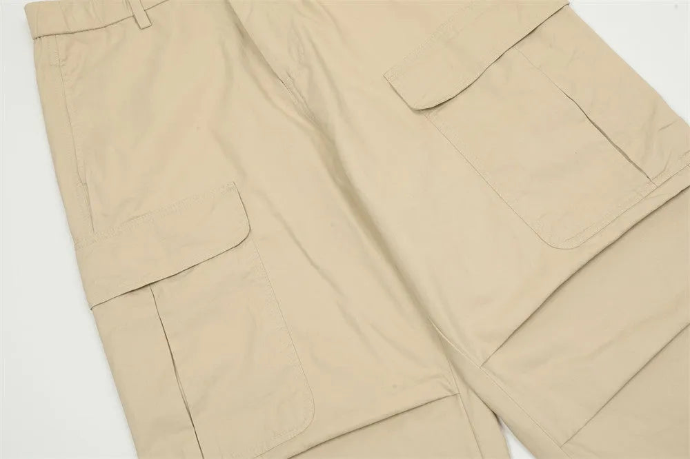 Men's solid colour cotton casual trousers in khaki, full-length view on display