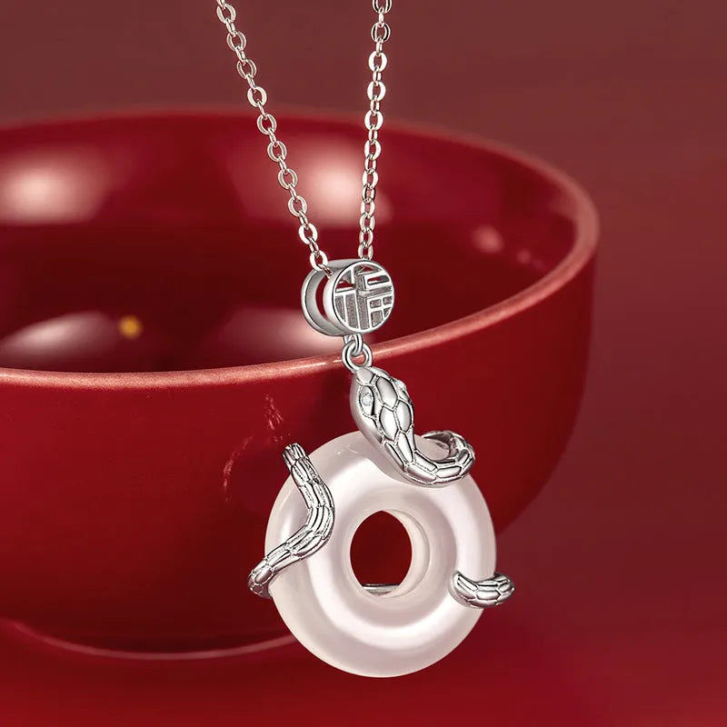925 silver winding snake blessing necklace with adjustable O-ring chain in white gold finish, female clavicle length