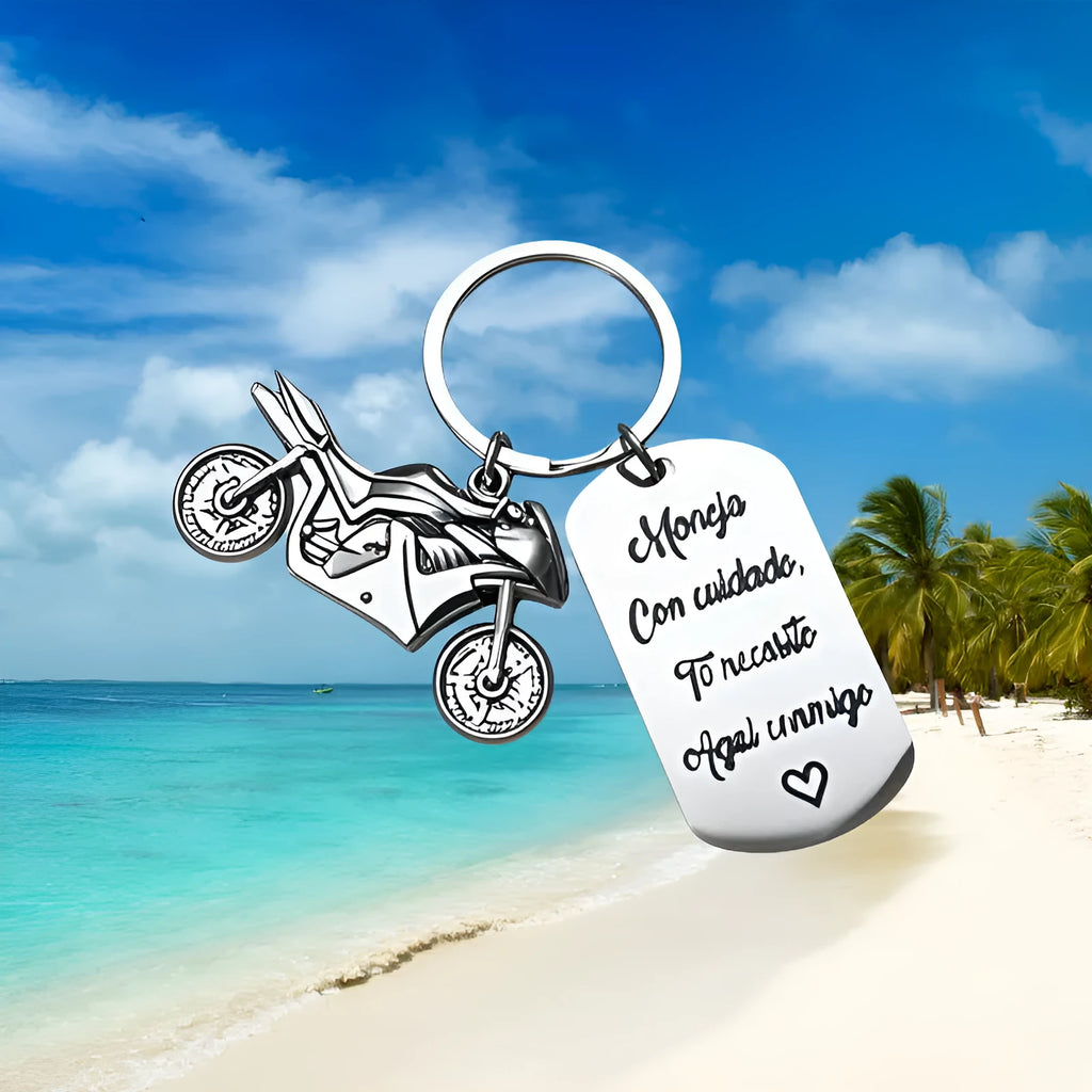 Stainless steel motorcycle keychain with velvet cloth on flannel background