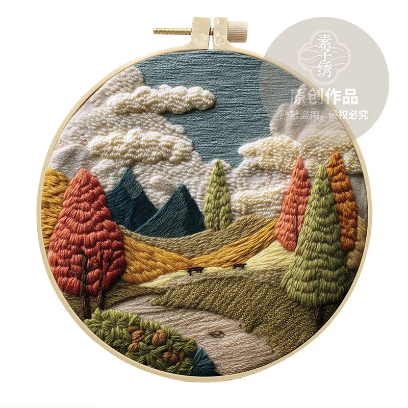 Embroidery DIY kit with bamboo frame, printed landscape fabric, embroidery thread and needles