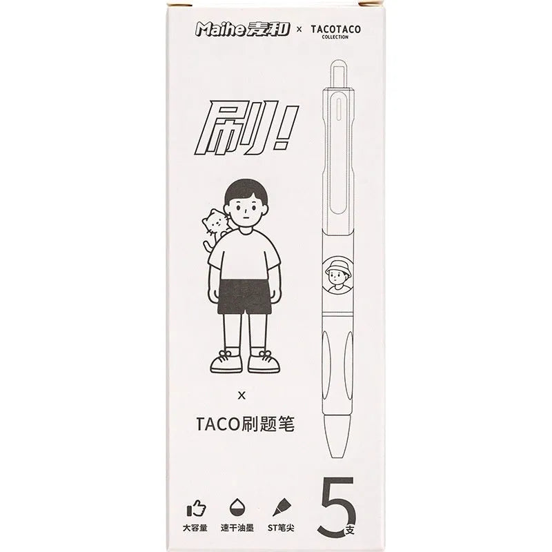 Five neutral black Taco Series student ballpoint pens with 0.5mm tips and quick-drying ink