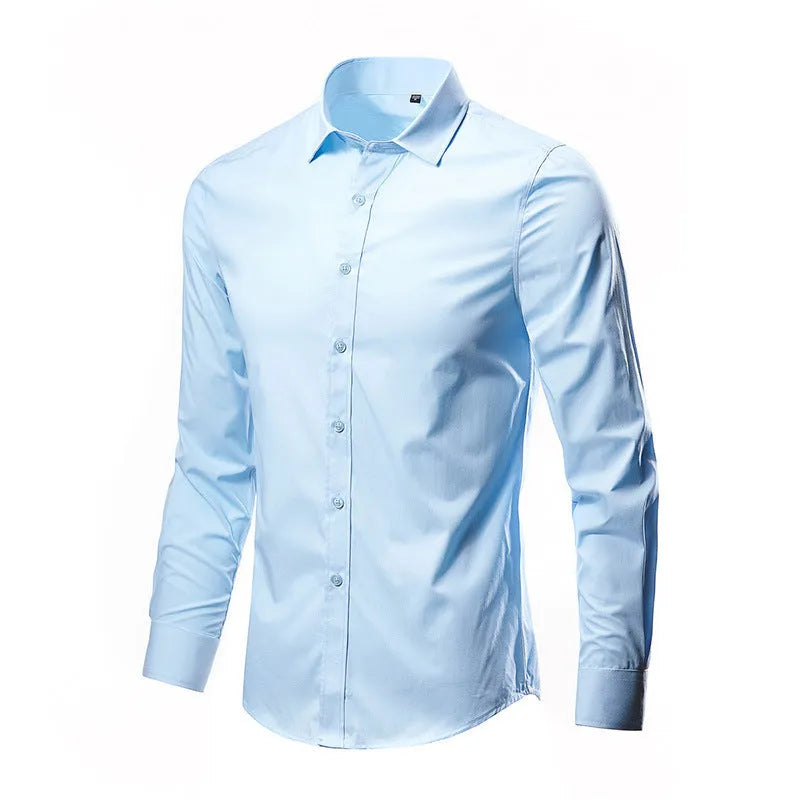 Long-sleeve linen shirt in a slim loose fit on a hanger, shown in a navy blue colour.