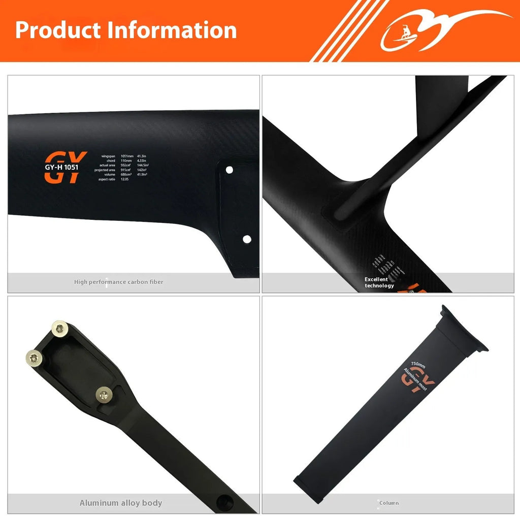 Black carbon fibre surfing hydrofoil with 1051mm front wing for racing applications