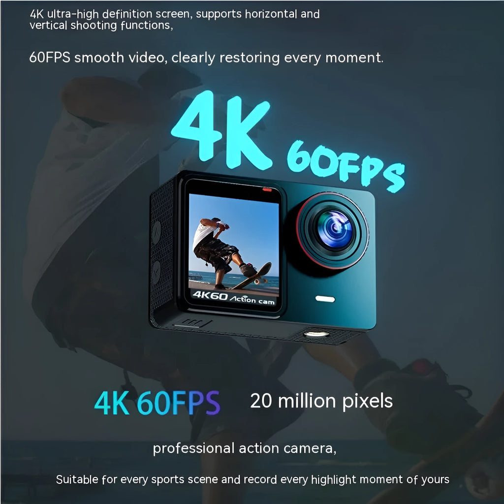 4K60 waterproof action camera with dual colour screen and 30m housing on a white background