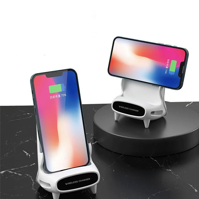 White 15W vertical wireless fast charger stand for phone and tablet with Type-C input on desk