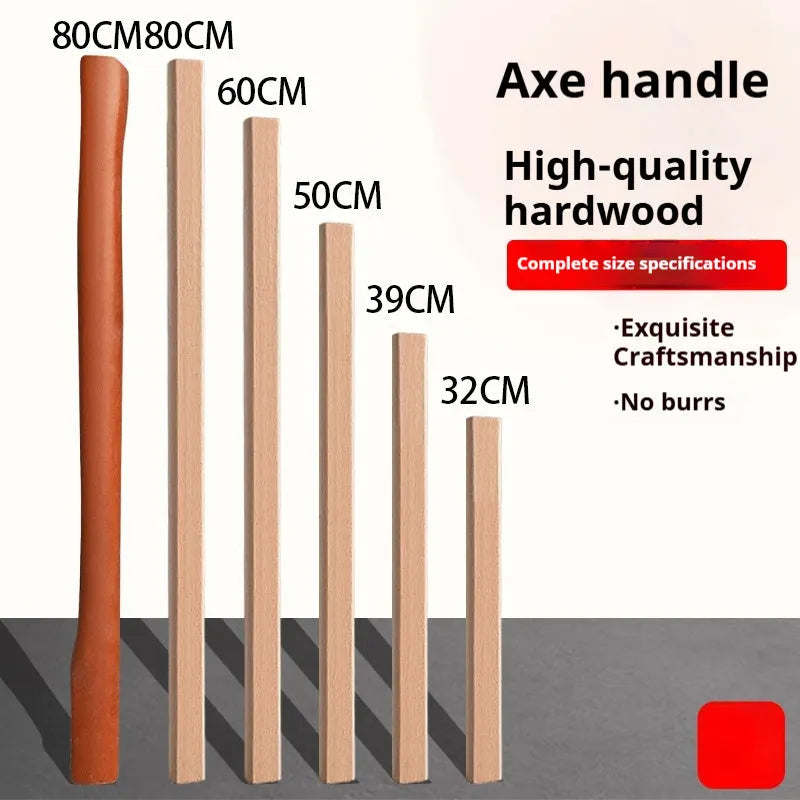 A selection of locust wood tool handles including axe, sickle, and hoof hoe handles in different lengths.