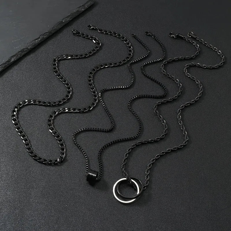 Men's black geometric necklace set with cylindrical titanium steel pendant and ring buckle details