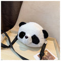 Soft plush panda head crossbody bag with cylindrical shape and outer pocket.