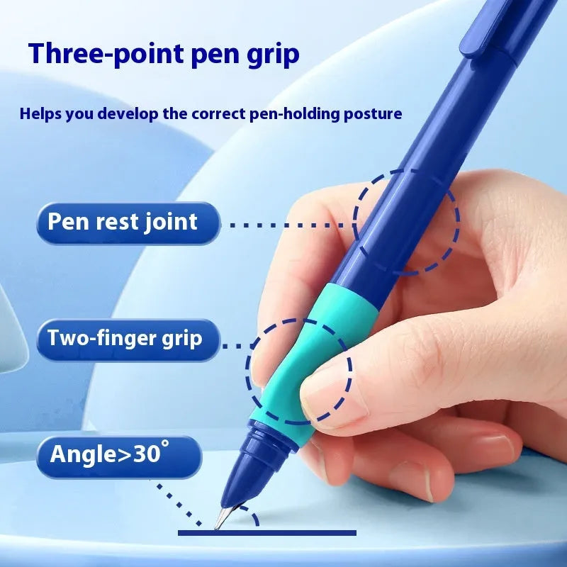 Student posture correction pen in plastic shell showing four colour options: blue, green, purple, orange