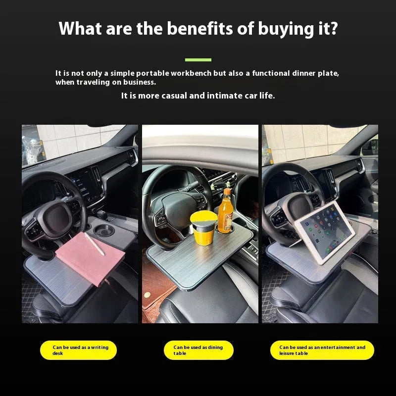 Foldable black car laptop table with built-in cup holder mounted on steering wheel