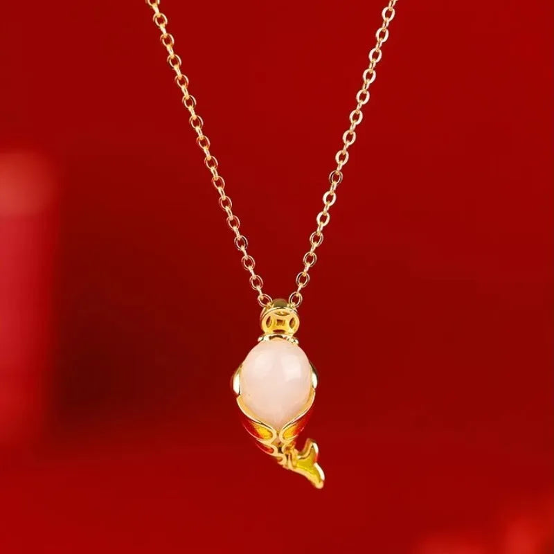 Lucky koi red electroplated copper necklace and matching hand strap bracelet set with carp charm.
