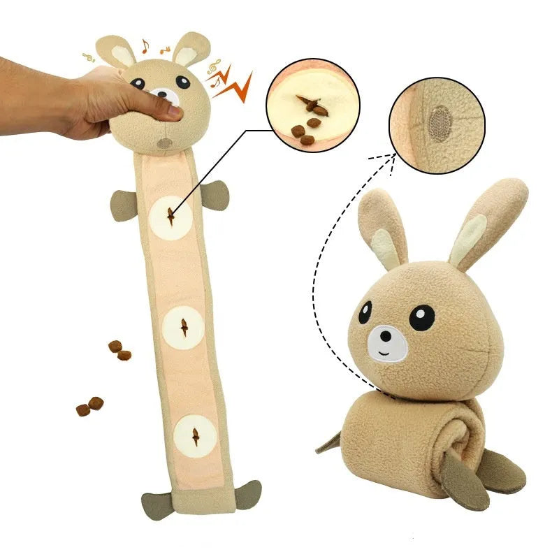 A 65 cm long plush Fleece Rabbit dog toy designed for sniffing games, sound-making, and bite-resistant chewing.