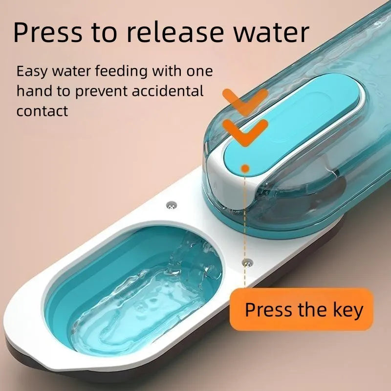 Blue portable dog water bottle with foldable drinking bowl extended, for outdoor use.
