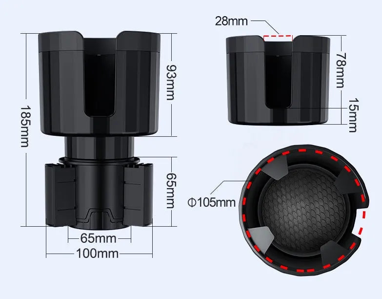 Matte black car cup holder expander adapter for oversized bottles and large cups
